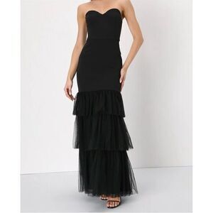 NWT Lulus Dramatic Fanatic Black‎ Strapless Tulle Trumpet Maxi Dress Size S